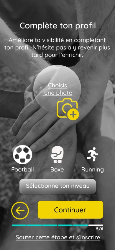 Page profil de l'application mobile de sport avant les tests